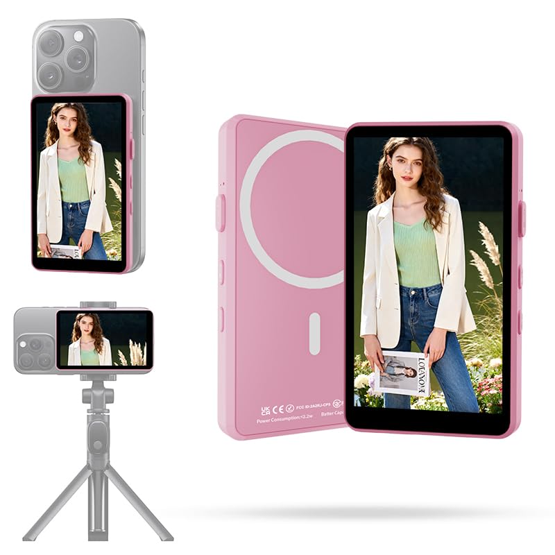 Shimbol P4 4" 1080P Wireless Selfie Monitor Screen, Magnetic Mount, Multi-Touch Control, 50m Transmission, Rear Camera Viewfinder for iPhone &amp; Android, Vlogging Selfies Live Streaming, Pink