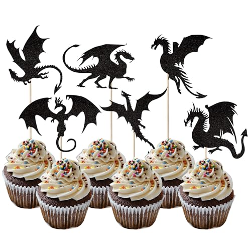 24 Stück Drachen Tortendeko Glitter Fantasie Geburtstag Cake Toppers für Fliegende Drachen Thema Baby Dusche Kinder Geburtstag Party Kuchen Dekorationen Zubehör Schwarz