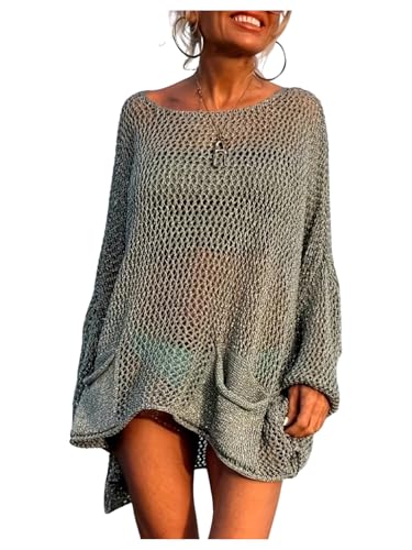 GORGLITTER Women's Plus Size Crochet Sweater Ribbed Knit Long Sleeve Pullover Sweater Going Out Outfits