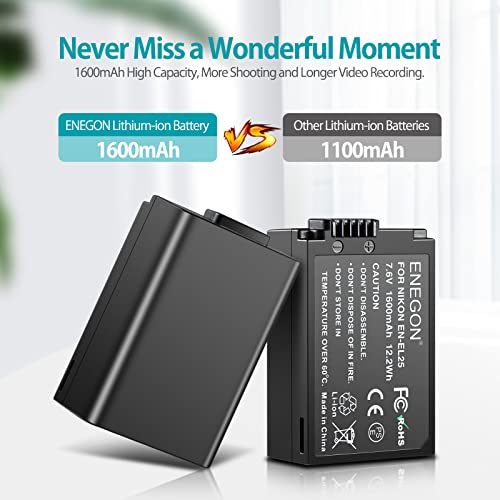 ENEGON 2 Lot batteries rechargeables EN-EL25 EN-EL25A 1600 mAh, kit chargeur double LED intelligent pour Nikon Z Series, Z50, Z 50, Z FC, Nikon EN-EL25, EN-EL25A, 4241 et Nikon MH-32 caméra digitale - Image 4