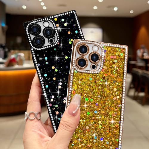 LAPOPNUT for iPhone 13 Pro Case,Cute Bling Sequin Glitter Sparkly Rhinestones Rectangle Edge Phone Case for Girls Women,Crystal Diamond Full Camera Protective Shockproof TPU Bumper Cover,Black - image 6