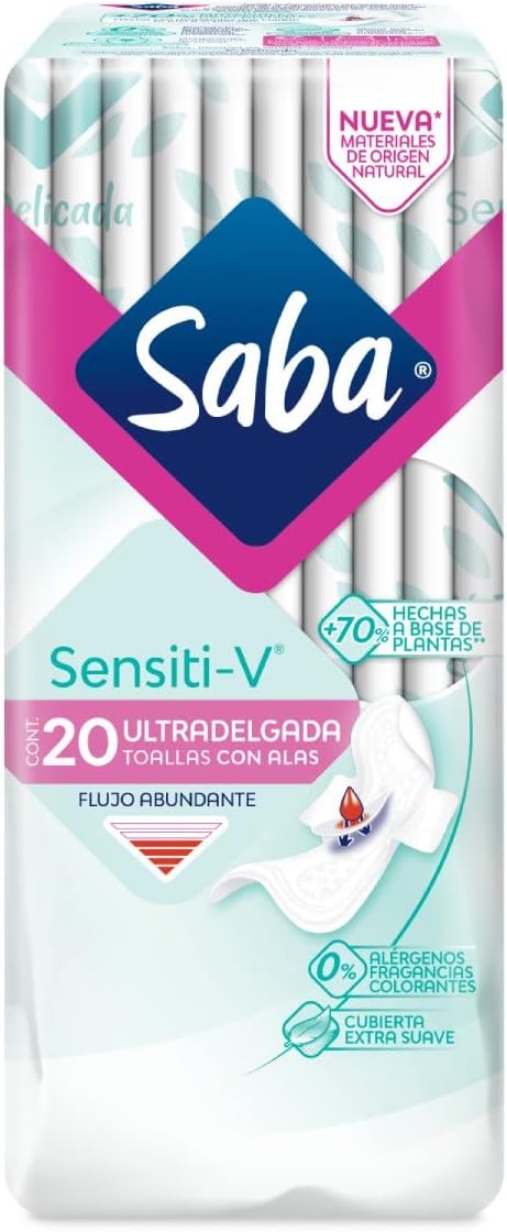 SABA Sensiti-v Ultradelgada, Toallas Femeninas Ultradelgadas Con Alas ...