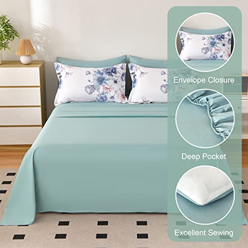Image of Floral King Size Comforter Set - 7 Piece Bed in a Bag, Light Blue Flowers Printed on White Bed Comforters with Sheets, Soft Lightweight Bedding Set for All Season(Light Blue, King
