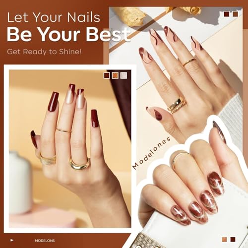 Image of modelones Gel Nail Polish Set, 6 Colors Winter Dark Nude Brown Gel Polish Glitter Pearl Cinnamon Tawny Orange Cherry Mocha Nail Polish All Skin Tones Soak OFF LED Nail Art DIY Gift