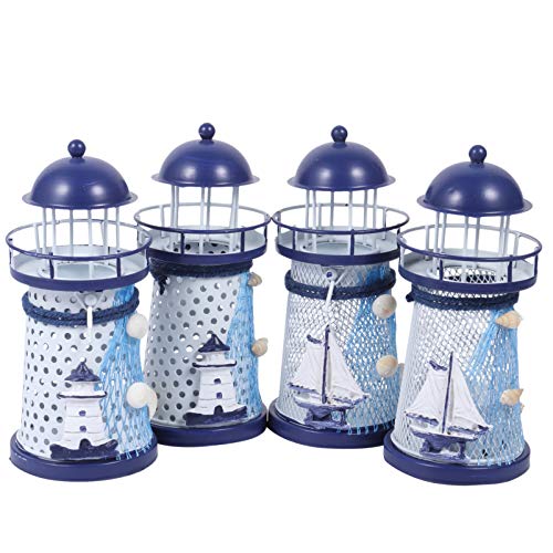 Kesyoo Nautical Decor 4Pcs Nautical Lighthouse Pharos Beacon Candle Holder Tealight Holder Mediterranean Style Metal Candelabrum Stand For Home Cafe Decor Housewarming Gift Blue Lighthouse Decor #TOP2