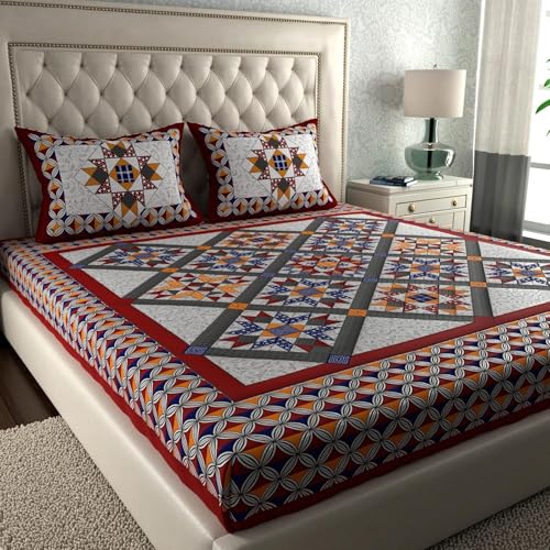 Image of LA VERNE 104 TC Cotton Double Bed Bedsheet Jaipuri Rajasthani Print Bedsheet with 2 Pillow Covers (Red s)