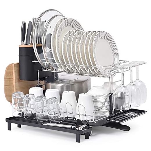 KINGRACK 2 Tier Dish Rack, 304 Stainless Steel Dish Drainer, Large Capacity Dish Drying Rack with Drip Tray, Removable Cutlery Cutting Board Wine Glasses Cups Holder & Plate Rack for Kitchen