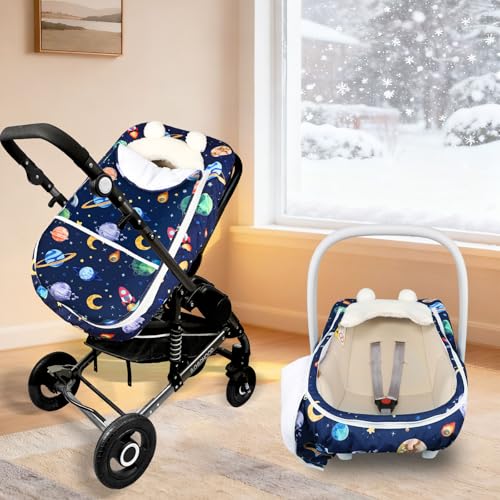 Image of Pea Pod Winter Car Seat Cover for Baby, Infant Car Seat Canopies Cover for Newborn, Warm Plush Fleece Inner Protect Baby from Cold Wind, Space Pattern