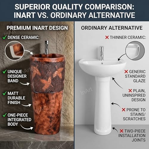 Image of InArt One Piece Ceramic Pedestal Free Standing Round Wash Basin for Living Room and Bathroom (15 x 15 x 33 Inch) (Wooden)