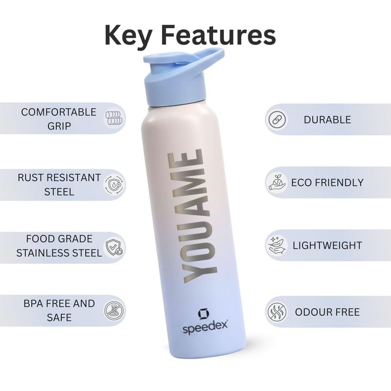 Image of Speedex Engraved Name Stainless Steel Sipper Water Bottle 1 Ltr - Customised Personalised Bottle for Kids & Adults, School, Gym, Sports, Pink Blue, Set of 1