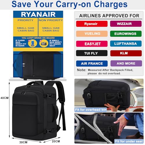 ENZOSUM Ryanair Handgepäck 40x30x20, Handgepäck Rucksack 40x30x20 für Eurowings 24L Klein Reiserucksack Handgepäck Tasche Laptop Rucksack für Herren Damen,Schwarz 2