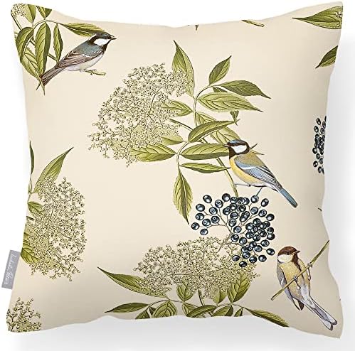 Izabela Peters® Luxury Designer Garden Outdoor Cushions | Waterproof, Filled & Breathable - Bird On Elderflower - Duck Egg - Perfect For Rattan Furniture, Chairs, Benches.