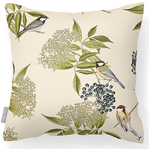 Izabela Peters Outdoor Cushions Waterproof, 43 cm, Bird on Elderflower - Cream, Garden Furniture Cushions