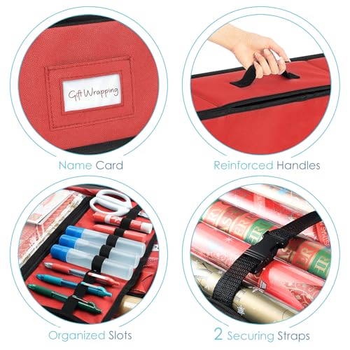 Image of Hearth & Harbor Wrapping Paper Storage Container - Christmas Storage Bag with Ribbon Dispenser and Interior Pockets - Gift Wrap Organizer Fits Up to 26 Rolls of 40 inch Length, Red