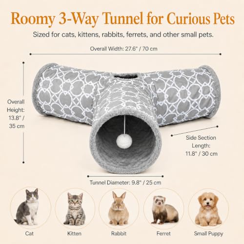 Image of Geometric 3 Way Cat Tunnel with Plush Inside,Cats Toys Collapsible Tunnel Tube with Balls, for Rabbits, Kittens, Ferrets,Puppy and Dogs