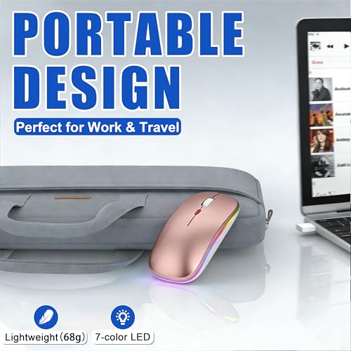 Image of LED Wireless Mouse for MacBook & iPad, Bluetooth 5.2 /2.4G, USB-C Rechargeable Silent Click, 800 /1200 /1600 DPI, 2-Device Switch, Slim Portable - USB-A /C (LED Wireless Mouse, Rose Gold)