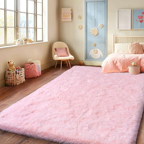 Pink Rug for Living Room, 8x10 Area Rug for Cute Girls Room, Bedside Indoor Floor Fluffy Shag Carpet, Plush Soft Rug for Bedroom Nursery Dorm Home Decor