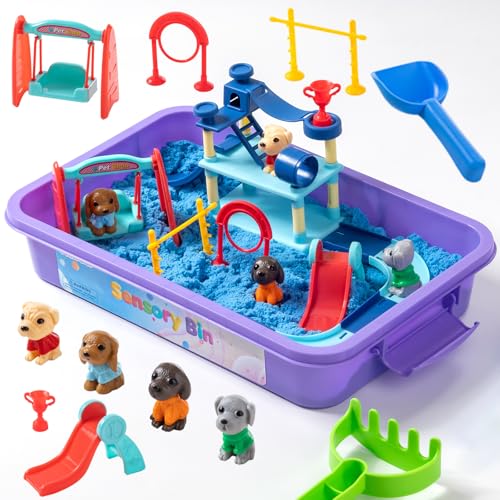 PreTrans Pet Track Set, Pet Sensory Bin for Kids, All-in-One Animal Sensory Sand Kit with Dog Playset & Tools