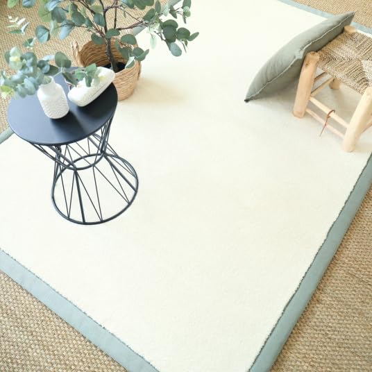 Decoweb Tapis Doux Poils Longs - Touch Blanc crème - Ganse Lin Vert Sauge - 160 x 230 cm