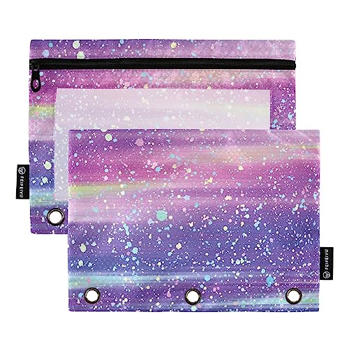 Fantasy Purple Glitter Design 3 Ring Binders Pencil Case 2 pcs File Folders for Office Examination Zipper Stationery Bag