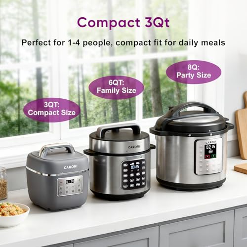 Image of Carori 8-in-1 Electric Pressure Cooker, Compact 3 QT All-in-1 Multi-Cooker with Ceramic Pot, Saute, Slow Cook, Rice, Stew, Delay Start, Keep Warm & Safe Vent, Gray
