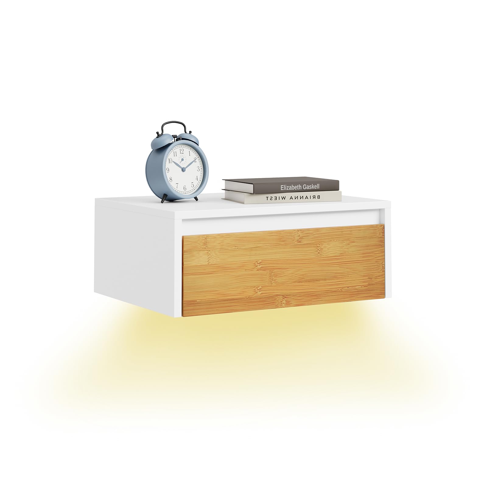 SoBuy Comodino sospeso con luce LED a sensore, 40x29,8x15,6 cm | Comodino da parete con luce rimovibile e cassetto, Bianco Naturale, per camera da letto e ingresso, FBT174-E-WN