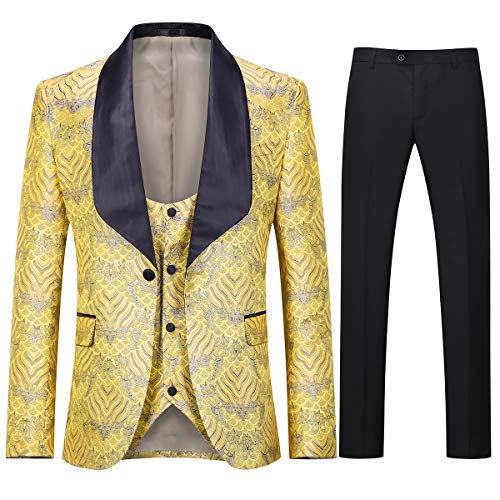 Boyland Men's 3 Pieces Tuxedo Suit Slim Fit Wide Shawl Lapel One Button Formalwear Tux Suit Jacket Vest Pants Party Dinner Golden