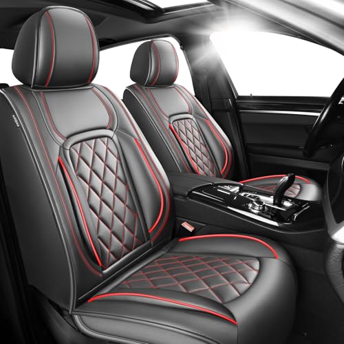 Image of Car Seat Covers Compatible with Chevy Equinox 2011-2025 2026, Premium Leather Breathable, Wear Resistant, Airbag Compatible, All-Weather Protection & Full Coverage, 2 Front Seat Red Line Black