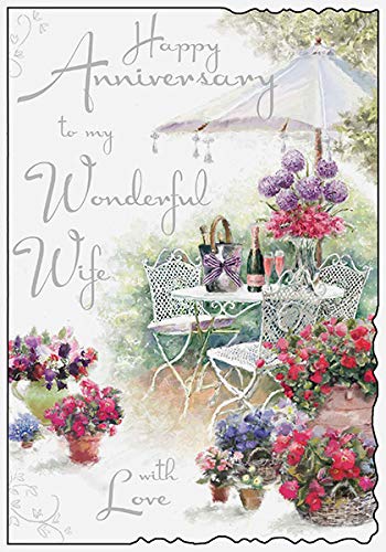 Jonny JavelinWonderful Wife 'Happy Anniversary' Card - Beautiful Garden Scene with Flowers and Champagne - for Her