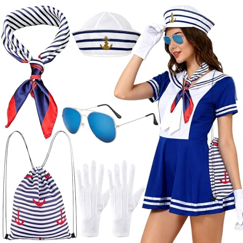 Moiuguli Matrosen Kostüm Damen, Seemann Kostüm mit Kapitänsmütze Matrosen Halstuch Tasche Sonnenbrille und weiße Handschuhe, Fancy Dress Party for Damen, Yachtparty, Karneval, Cosplay