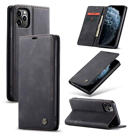 owlhold hülle iPhone 11 Pro klapphülle Premium Lederhülle Weiches Vintage-Nubukleder Faltbare Ständer Schutzhülle Kartenfach Standfunktion Handyhülle iPhone 11 Pro -Schwarz