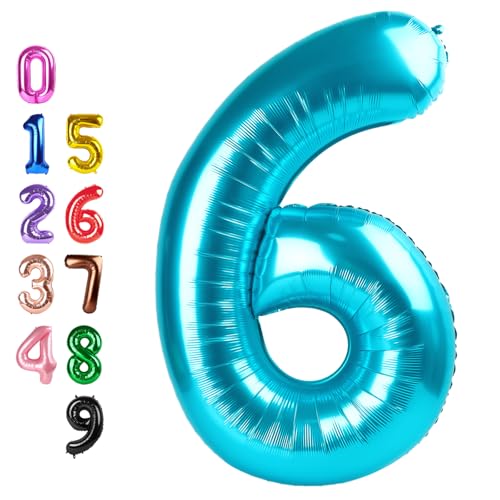 Image of Number Balloons Blue 6 Balloon 40 inch for 6 Birthday Party Decorations | Saturated Color, Large 40 in, With Inflation Straw & Hanging Hole, Great for Men's Party, Back-To-School Season, Pool Party
