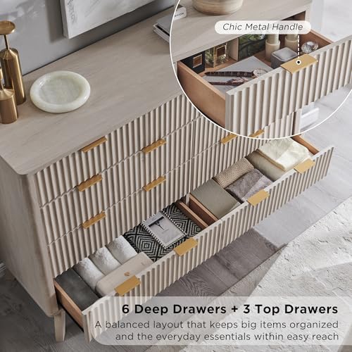 Image of T4TREAM 54 inch Wide Fluted 9 Drawer Dresser for Bedroom, White Alder | Mid Century Modern, Curved Profile, Metal Handles, Anti-tip Kit, Smooth Slides, for Living Room, Hallway