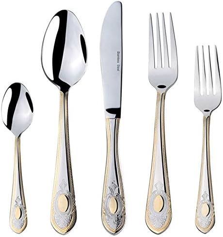Venezia Collection 'Medallion' 40-Pcs. Fine Flatware Set, Silverware Cutlery Dining Service for 8, Premium 18/10 Surgical Stainless Steel, 24K Gold-Plated Trim