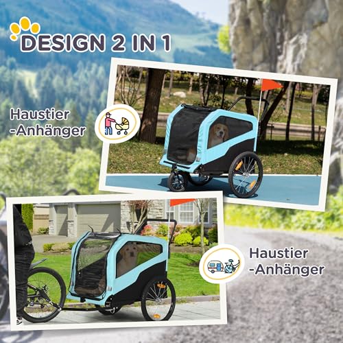 PawHut 2-in-1 Hundeanhänger, Fahrradanhänger für Hunde, Hundewagen mit Reflektoren, Hundebuggy max. 30 kg, Hundefahrradanhänger für Große Hunde, Oxford-Gewebe, Blau