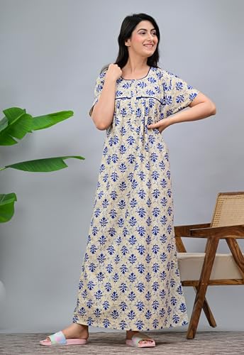 Image of DIAMO Pure Cotton Designer Nighty for Women | Night Gown | Nightdress | Maxi Nighty | Sleepwear | Jaipuri Nighty | Nighties | Cotton Night Gown for Women /Girls with Jaipuri Block Print