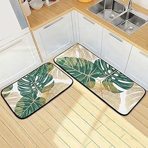 Exnundod Tropical Palm Leaves Kitchen Mat Rugs Floor Runner Golden Green Leaf Anti Fatigue Non Slip Comfort Mat for Living Room Laundry Room Hallway Home Decor Cover