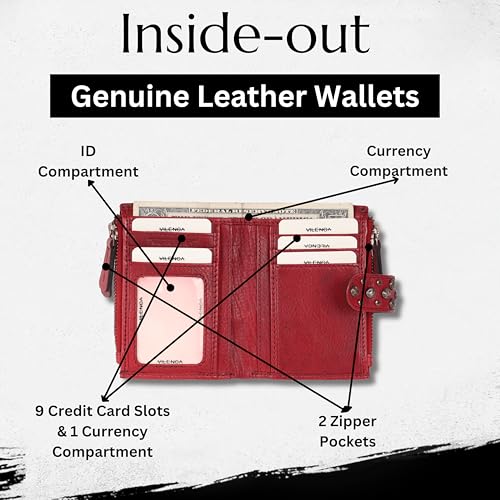 4.75 Inch Genuine Italian Leather Boho Studded Bifold Wallet – Zipper Coin Purse & Credit Card Holder for Women (Red)4