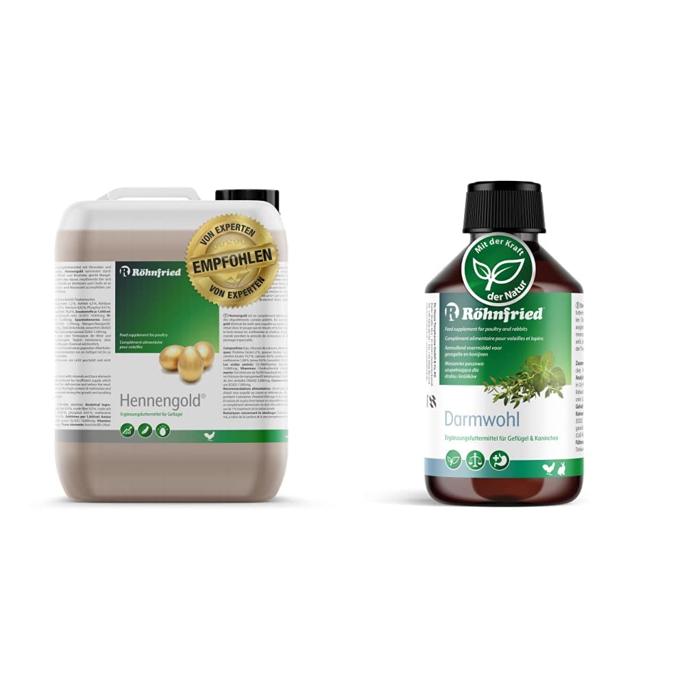 Röhnfried Hennengold, 1er Pack (1 x 5 l) & Darmwohl Nahrungsergänzung (250 ml) für Nager, Geflügel & Kleintiere, geförderte Verdauung & erleichterte Aufzucht, mit Oregano & Bartflechte