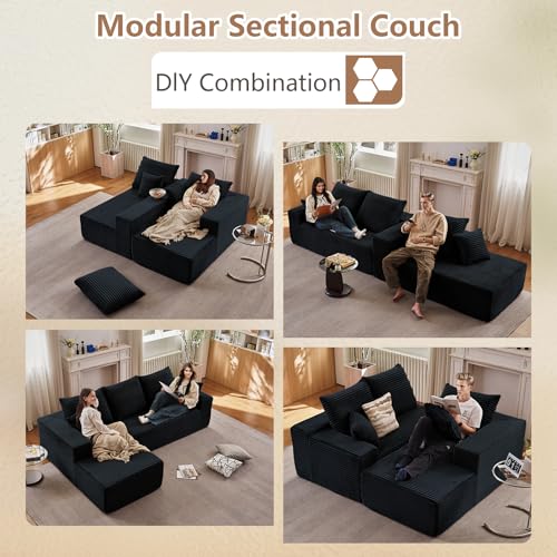 Image of 96 inch Modular Sectional Sofa,Modern Corduroy Cloud Couch,Boneless Couch Upholstered 3-Seater L-Shaped Sofa for Living Room,Couch in a Box No Assembly (Black, Left-Facing Chaise)