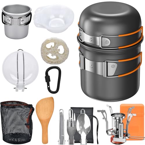 Onherm 15-teiliges Camping Geschirr Set, Camping Kochgeschirr Aluminium Camping Töpfe Bratpfanne mit Edelstahl Besteck Trinkbecher und Mini Campingkocher für Wandern Outdoor Kochen 1-2 Person