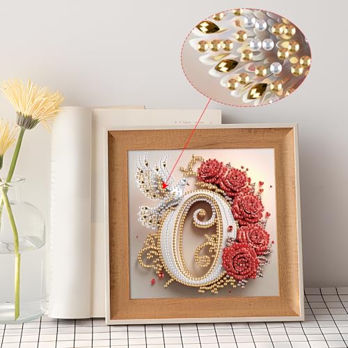 Image of AiYuanzsh 5D Diamond Art Kits for Adults Letter O, Ornamental Rose & Dove Special Shape Diamond Painting Kit, Luxury Alphabet DIY Crystal Rhinestones Diamond Art for Home Wall Decor 17x17cm