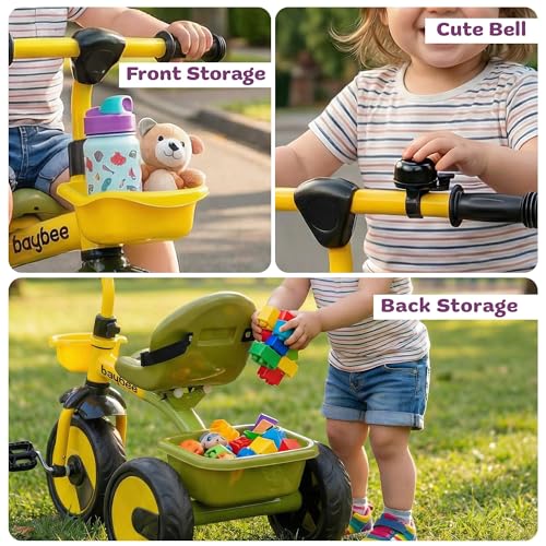 Image of Baybee Nova Baby Tricycle for Kids | Plug & Play Kids Cycle with Safety Belt & Front and Back Storage | Kid Cycle Trikes with Eva Wheels | Baby Cycles for Kid 2 to 5 Years Boys Girls (Green /Yellow)
