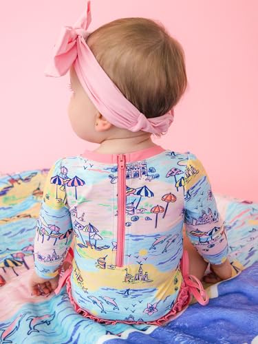 Image of RuffleButts Baby Girls UPF 50+ Sun Protection Floral Printed Long Sleeve One Piece Rash Guard Swimsuit with Zipper
