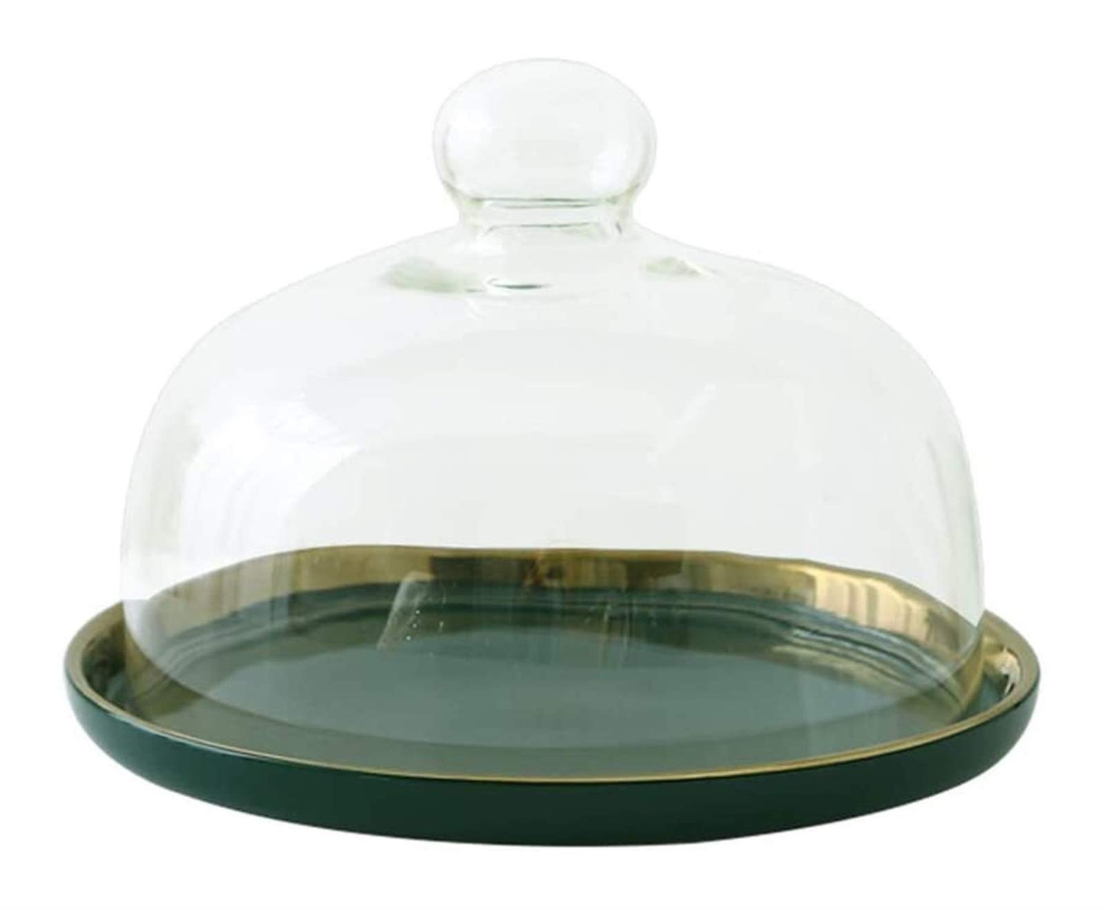 Multi-Functional Serving Platter and Cake Plate Dark Green Ceramic Tray With Dust-proof Transparent Glass Dome Falafel Display Plate Family Fruit Dome Bar Use as Cake Holder, Salad Bowl, Platter, Punc