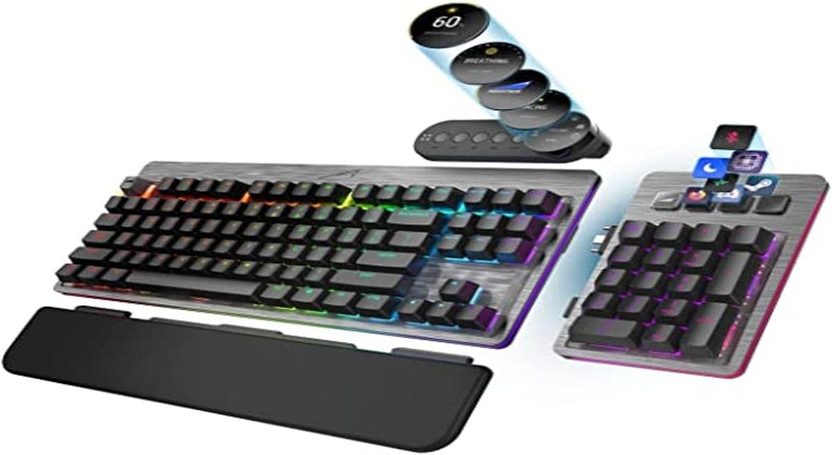 Mountain Everest Max Mechanical RGB Gaming Keyboard - Modular - Integrated Display Keys - Hot-Swappable Switches - OBS Controls Integration (Gunmetal Gray, Red - Linear & Quiet)