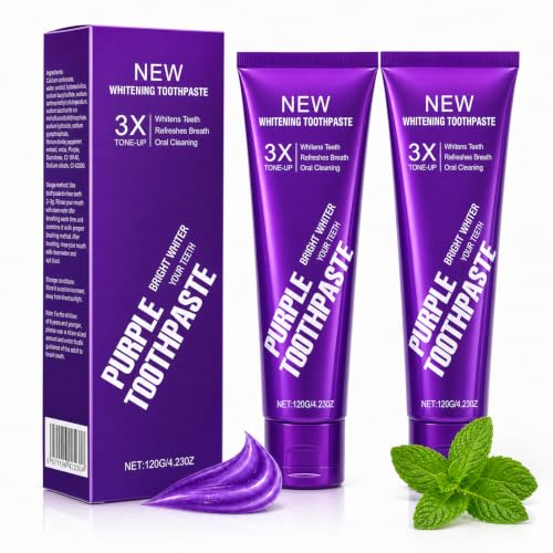 Teeth Whitening Purple Toothpaste, 3X Whitening Formula for Bright Smile,Enamel Safe, Sensitive Teeth Friendly, Fluoride Toothpaste with Fresh Breath for Coffee Tea Stains. (Pack of 2pcs)