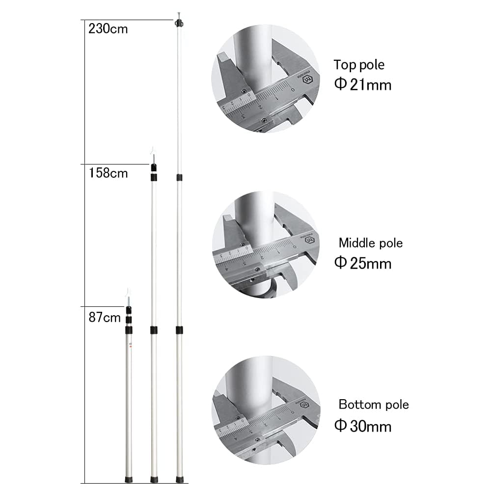 Lot de 2 Poteaux Télescopiques en Aluminium 2,3M, Réglable Support de Bâche Tente Voile Ombrage, Accessoire Camping Jardin Auvent, avec Piquets et Cordes de Vent