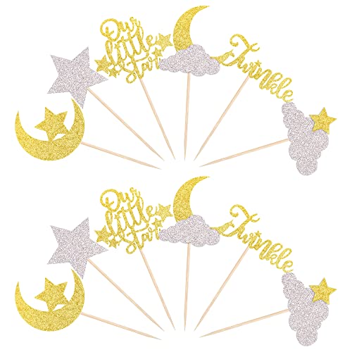 24 Pack Little Star Cupcake Toppers Glitter Moon Cloud Cupcake Picks Twinkle Star Baby Shower Kids Birthday Wedding Party Cake Decorations Supplies Gold #TOP6