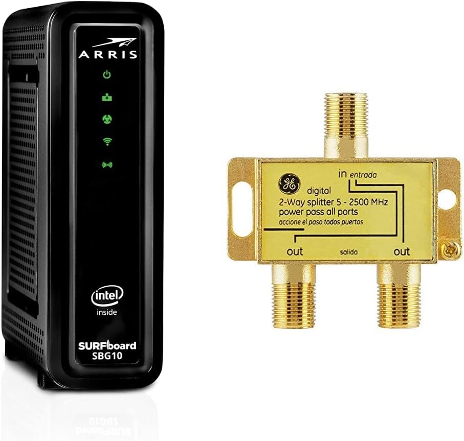 ARRIS Surfboard SBG10-RB DOCSIS 3.0 Cable Modem & AC1600 Dual Band Wi-Fi Router + GE Digital 2-Way Coaxial Cable Splitter